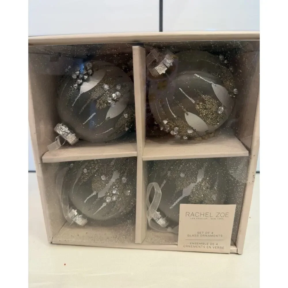 Rachel Zoe Silver Sparkle Christmas Glass Ball Ornament Set of 4 Beaded Stars 4